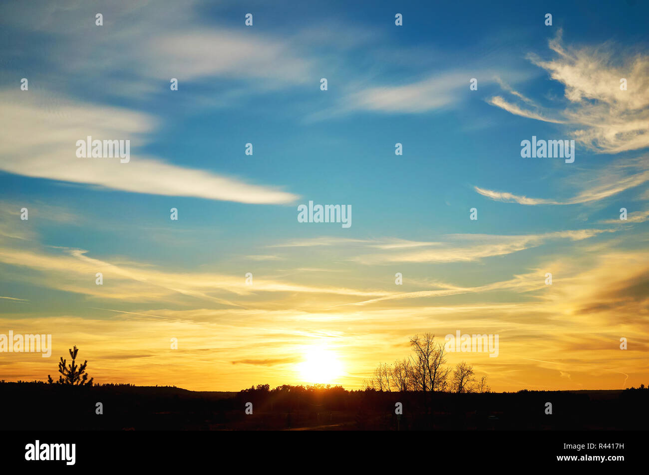 Sky with colored clouds against a blue sky at sunset. Stock Photo