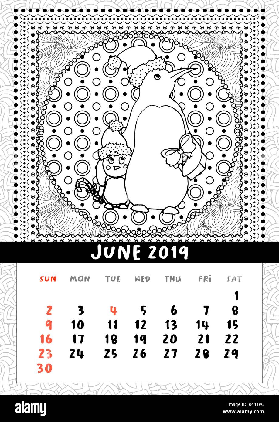 Christmas penguin with gift, calendar June 2019, Northern Mom bird with baby wish Merry Christmas and Happy New Year. Black and white mono linear coloring book page. Illustration in doodle style Stock Vector