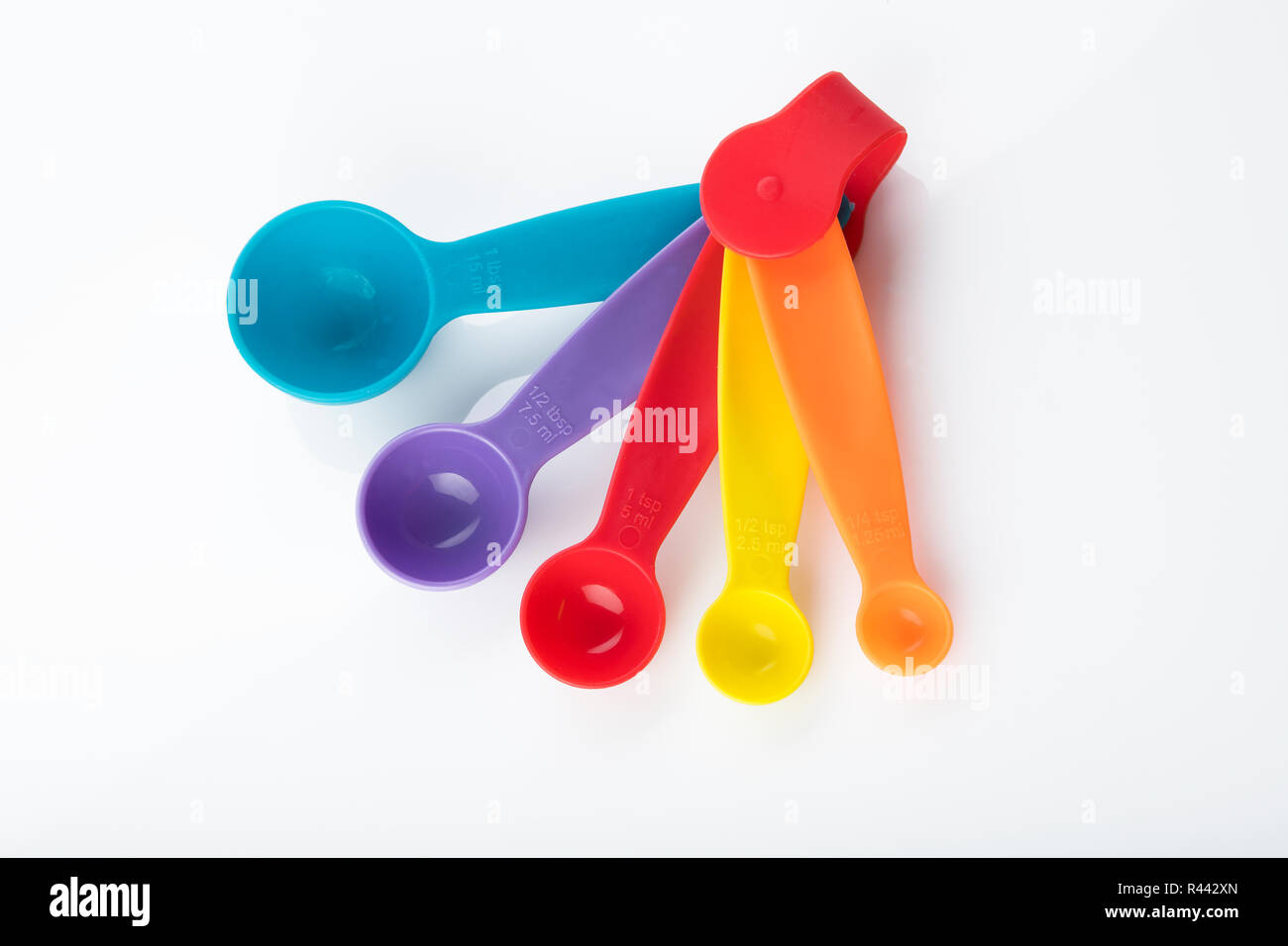Kitchen: Top View of Multi Colored Measuring Spoons Isolated on White