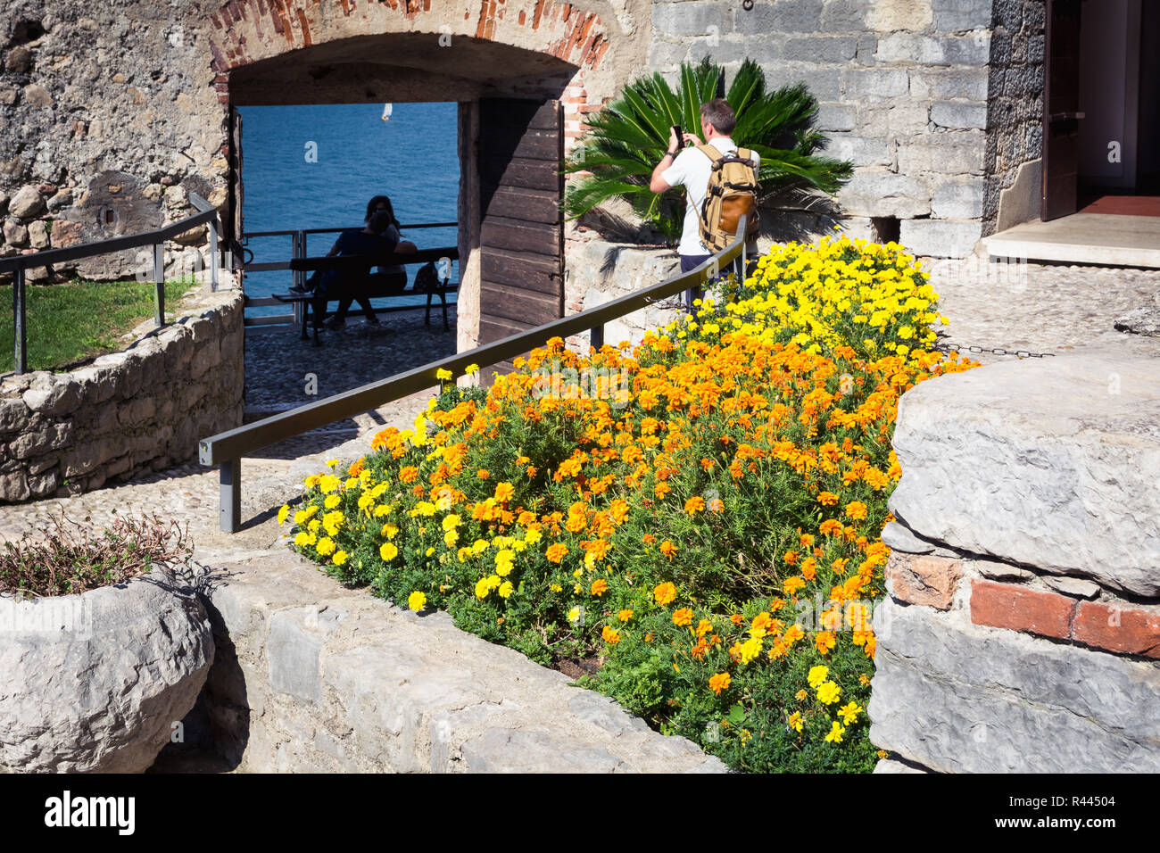 The medieval Scaliger Castle in Malcesine on Garda lake, Verona, Italy.The old Scaliger Castle is one of the top tourist attractions Stock Photo