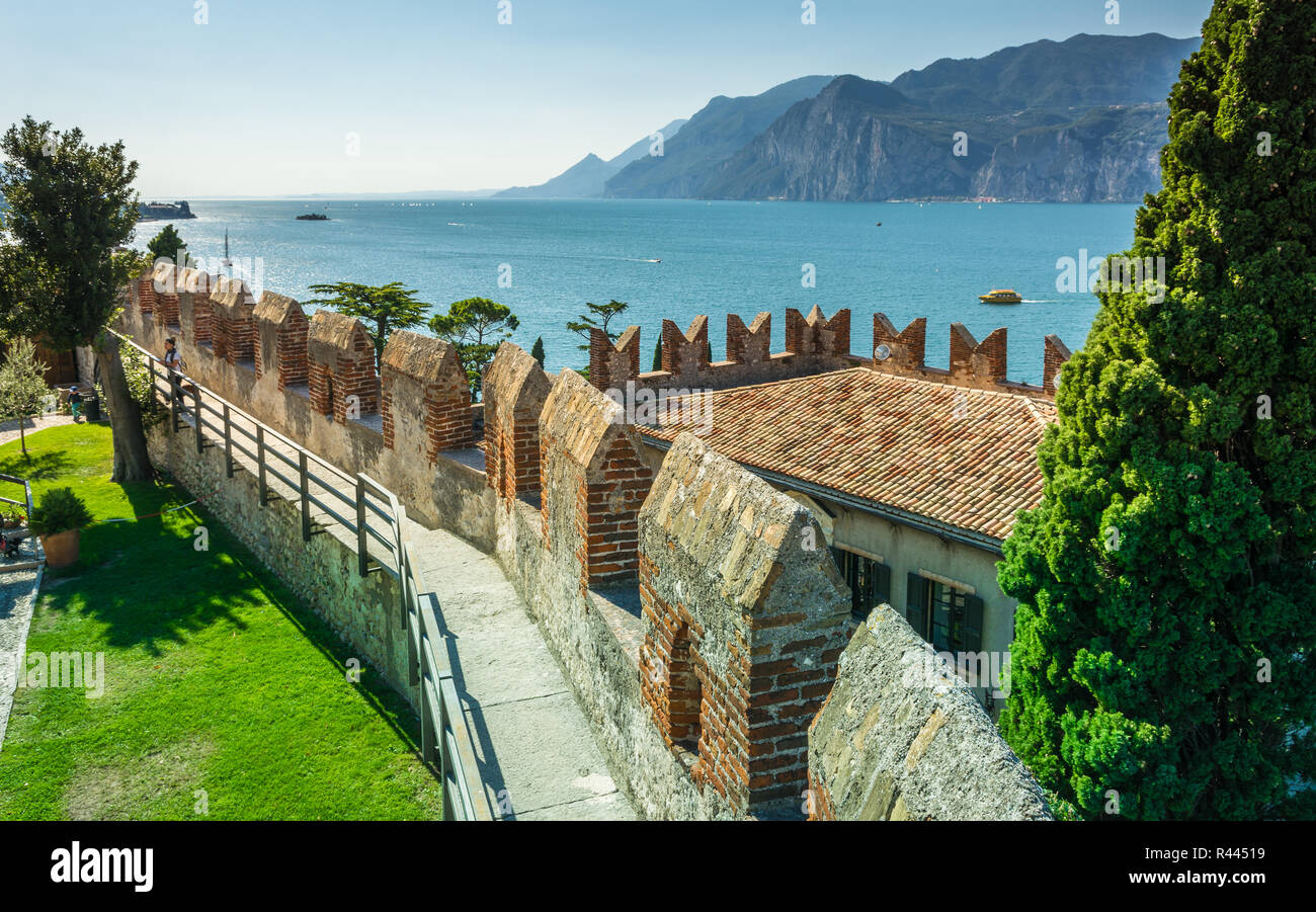 The medieval Scaliger Castle in Malcesine on Garda lake, Verona, Italy.The old Scaliger Castle is one of the top tourist attractions Stock Photo