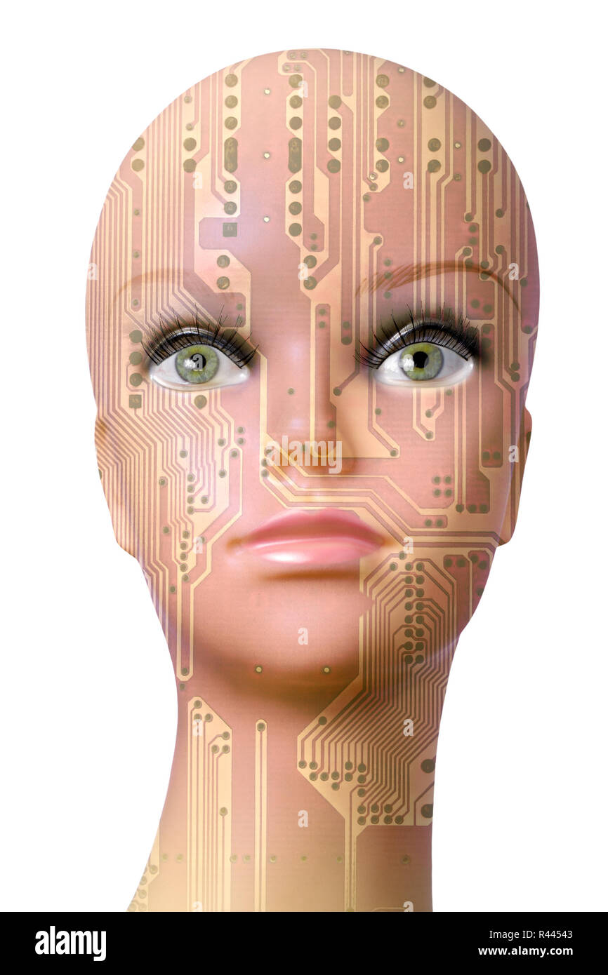 Female cyborg head isolated on white background Stock Photo