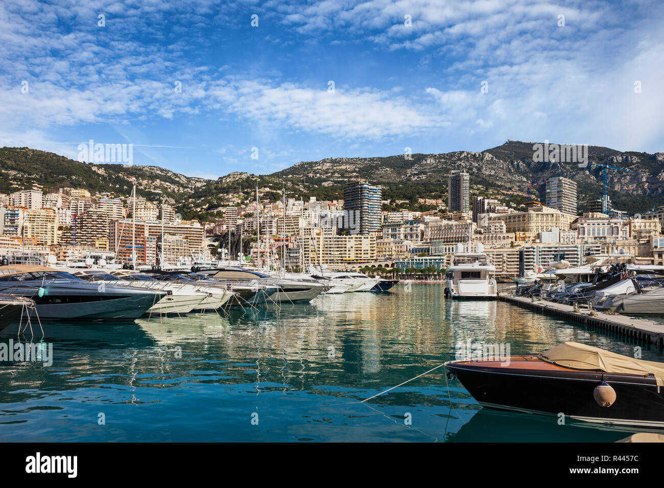 Monaco Monte Carlo skyline, yachts on Port Hercule, southern Europe Stock Photo