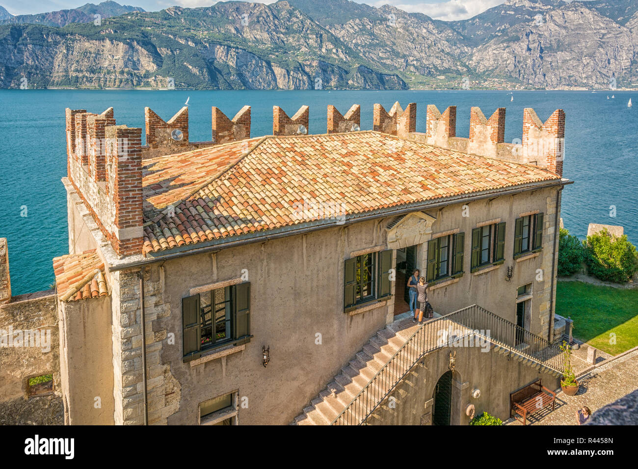 The medieval Scaliger Castle in Malcesine on Garda lake, Verona, Italy.The old Scaliger Castle is one of the top tourist attractions Stock Photo