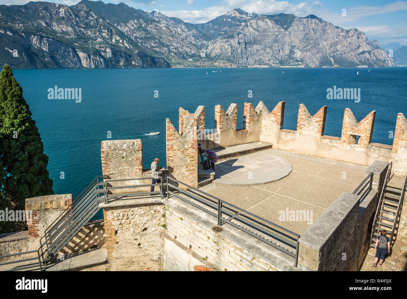 The medieval Scaliger Castle in Malcesine on Garda lake, Verona, Italy.The old Scaliger Castle is one of the top tourist attractions Stock Photo