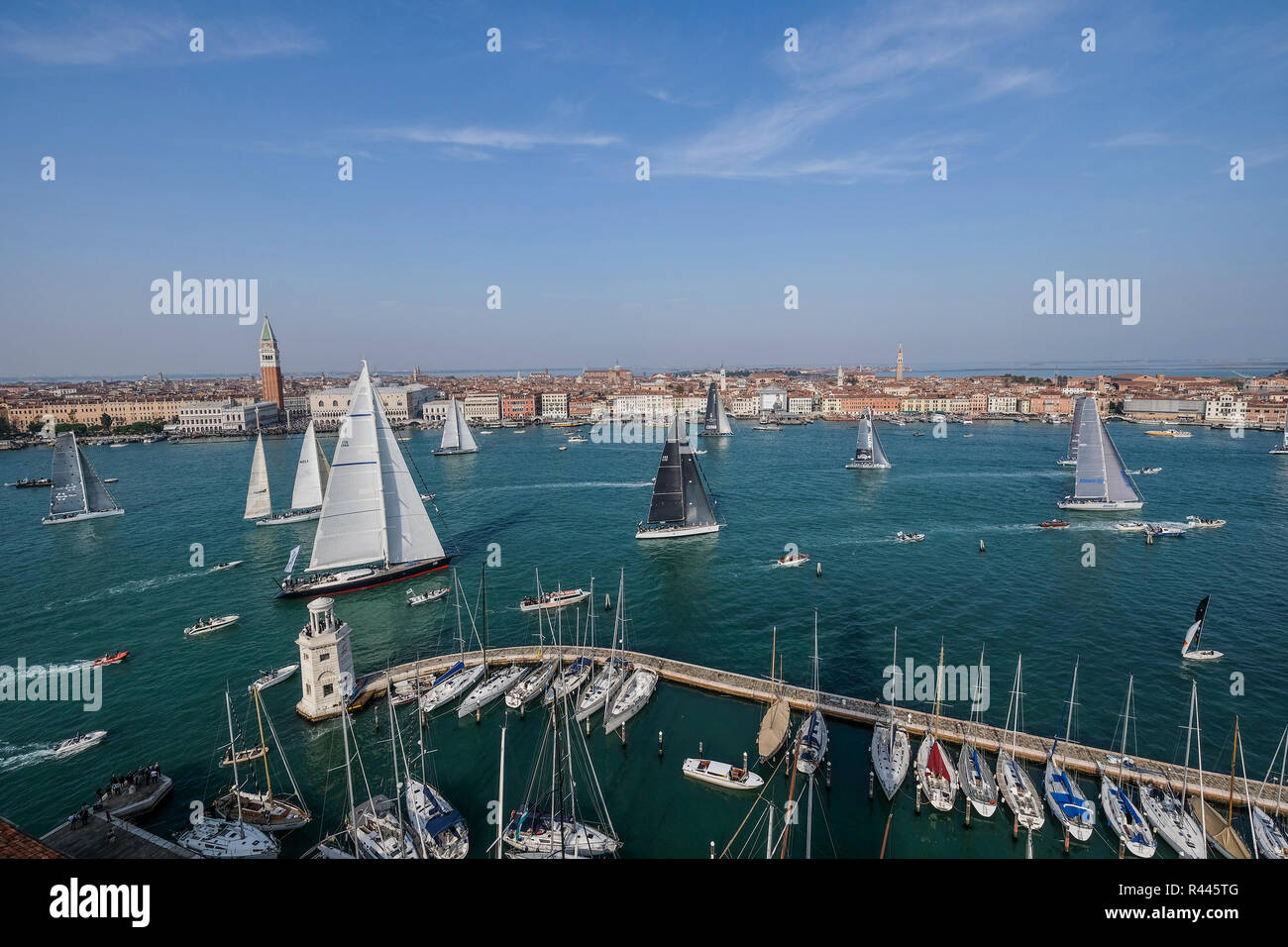 VENICE, ITALY - OCTOBER 20: Maxi Yachts during the regatta, The Venice Hospitality Challenge is a sailing regatta held annually in the Bacino San Marc Stock Photo