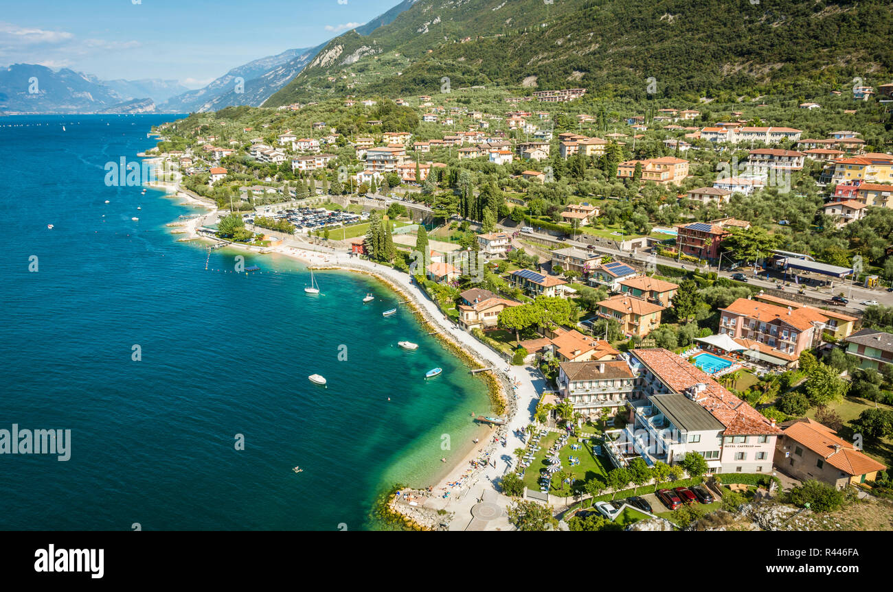 Town of Malcesine on Lago di Garda skyline view, Veneto region of Italy. Aerial view, top view Stock Photo