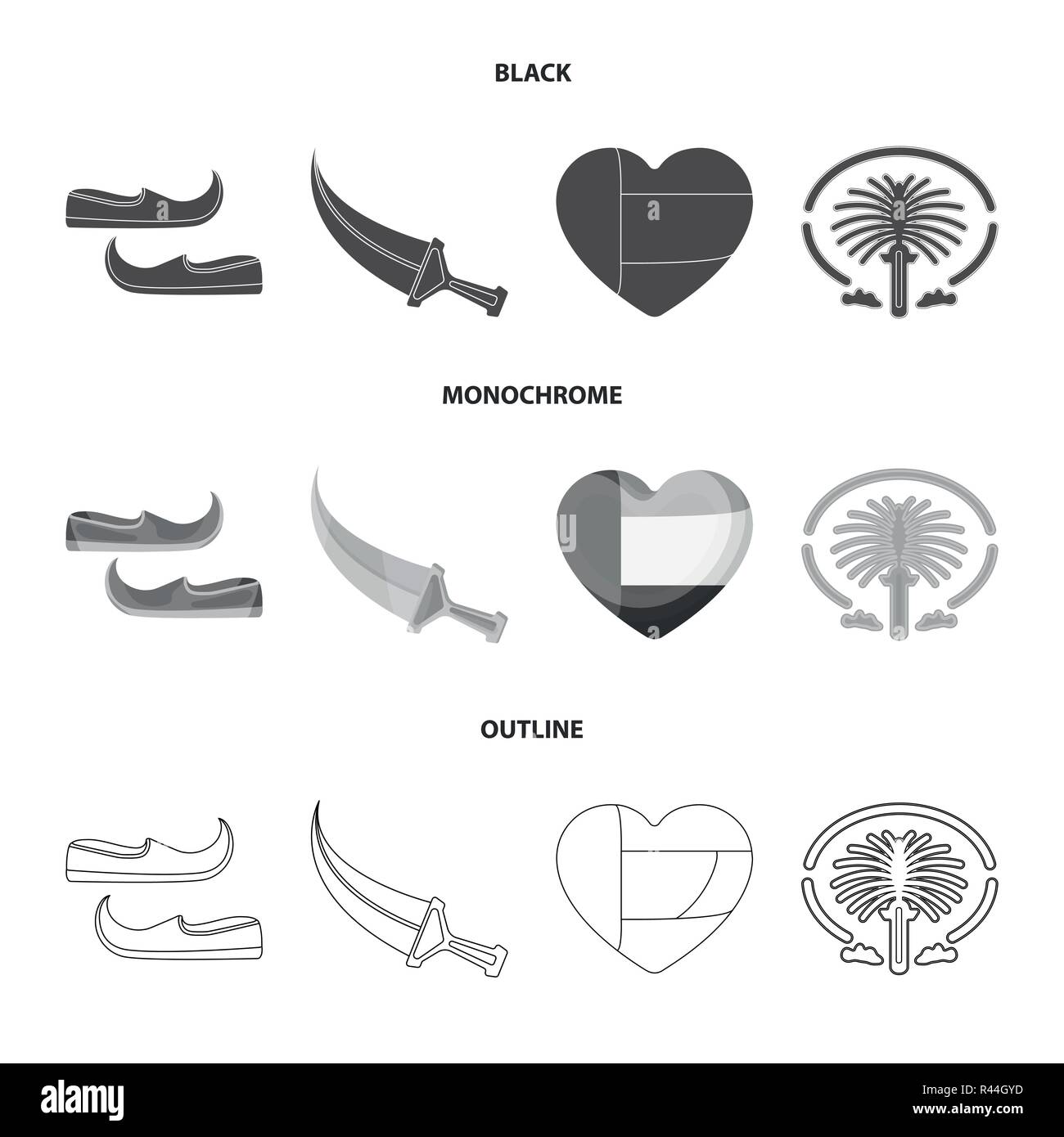 Eastern shoes, dagger, the heart of the emirates,Palm Jumeirah.Arab emirates set collection icons in black,monochrome,outline style vector symbol stoc Stock Vector