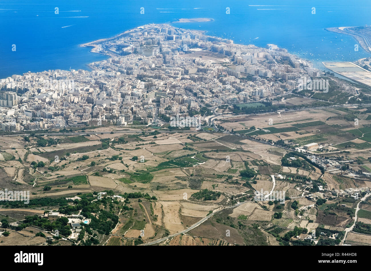 Aerial view of Malta Bugibba from airplane including coastline Stock Photo