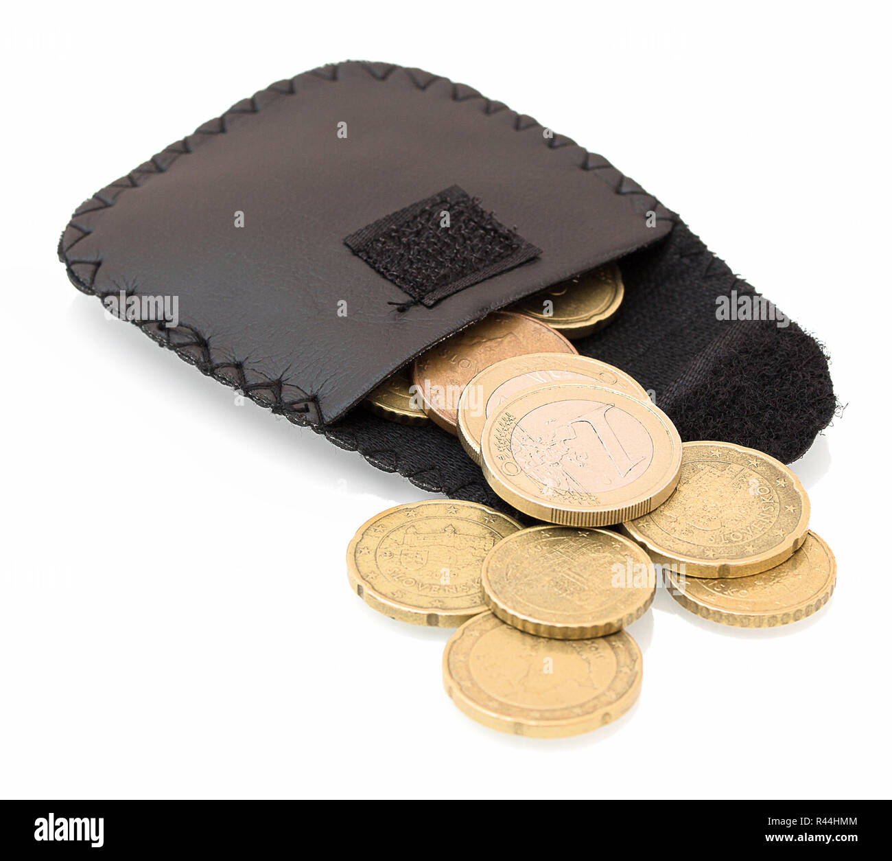 Handmade leather wallet change coin purse with EURO coins isolated on