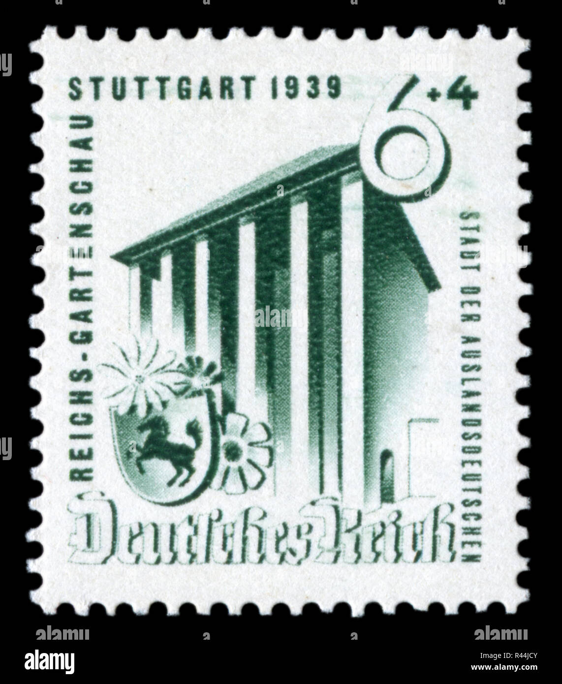 German historical stamp: Exhibition of horticulture in Stuttgart, 1939. Exhibition pavilion and coat of arms of Stuttgart. Germany, the Third Reich. Stock Photo