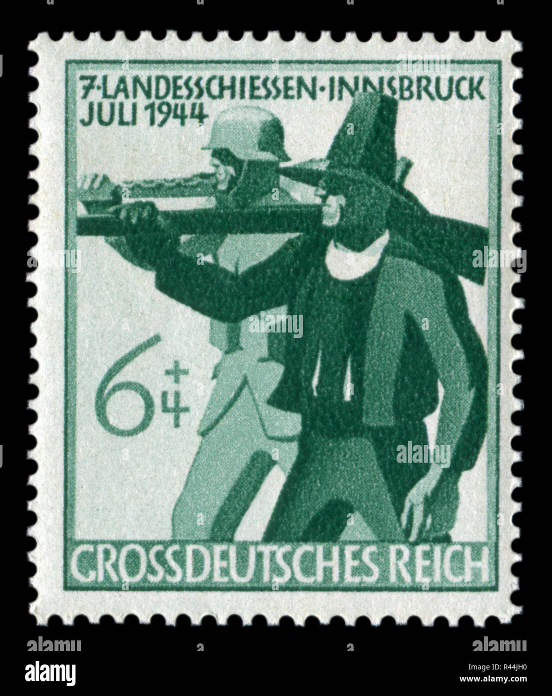 German historical stamp: 7th meeting of the Tyrolean Riflemen in Innsbruck. Tyrolean Rifleman with Arabella and soldiers with a machine gun. 1944 Stock Photo