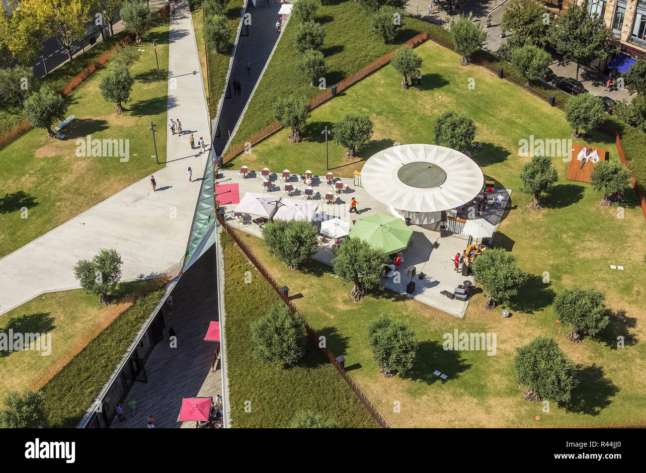 Porto, Portugal. August 29, 2014. Aerial view of Lisbon Square in Porto, Portugal, with people passing by, working and resting on a summer day. Square Stock Photo