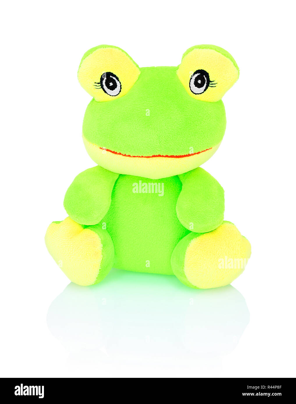 Neon green frog plushie toy isolated on white background with