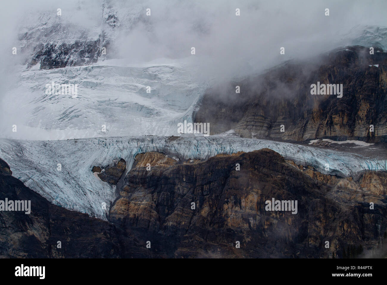 Crows Foot Glacier shrouded in cloud. Stock Photo