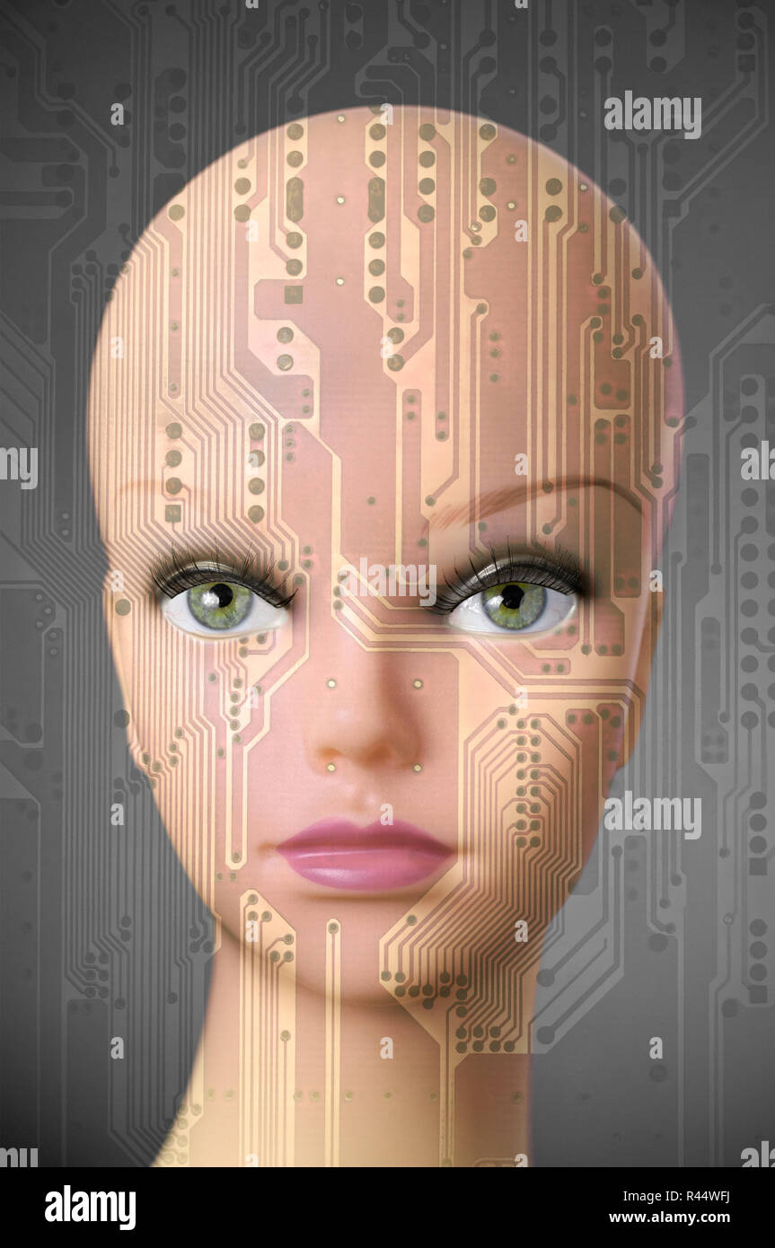 Female cyborg head on dark gray background Stock Photo