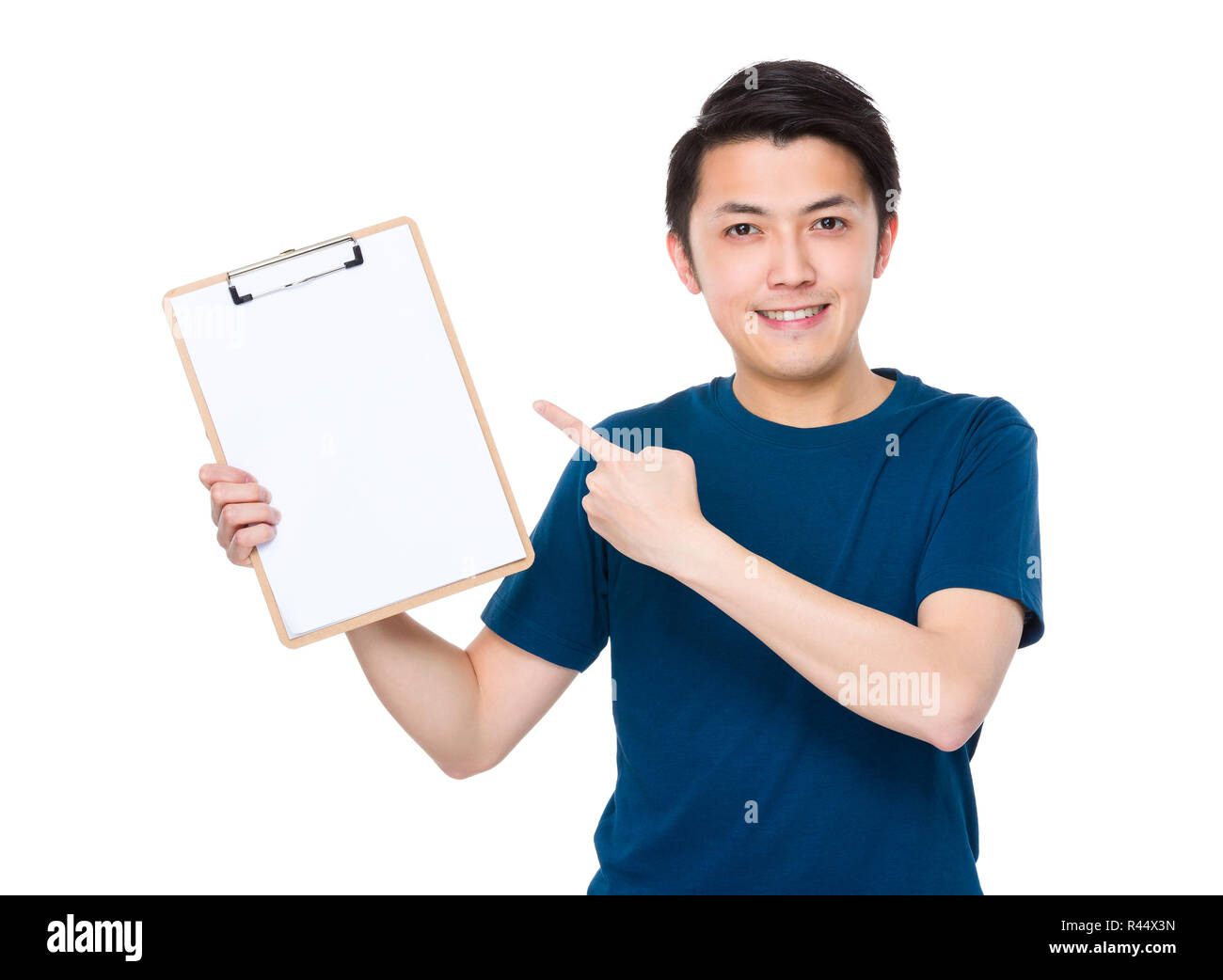 Asian young man finger point to clipboard Stock Photo - Alamy