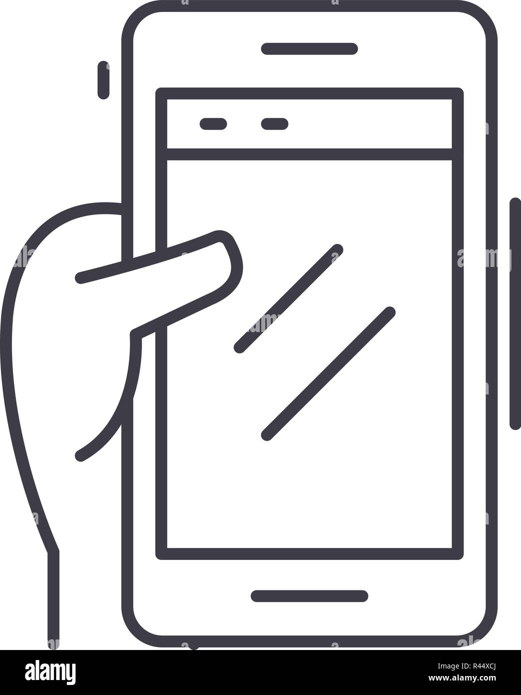 Smartphone in hand line icon concept. Smartphone in hand vector linear ...
