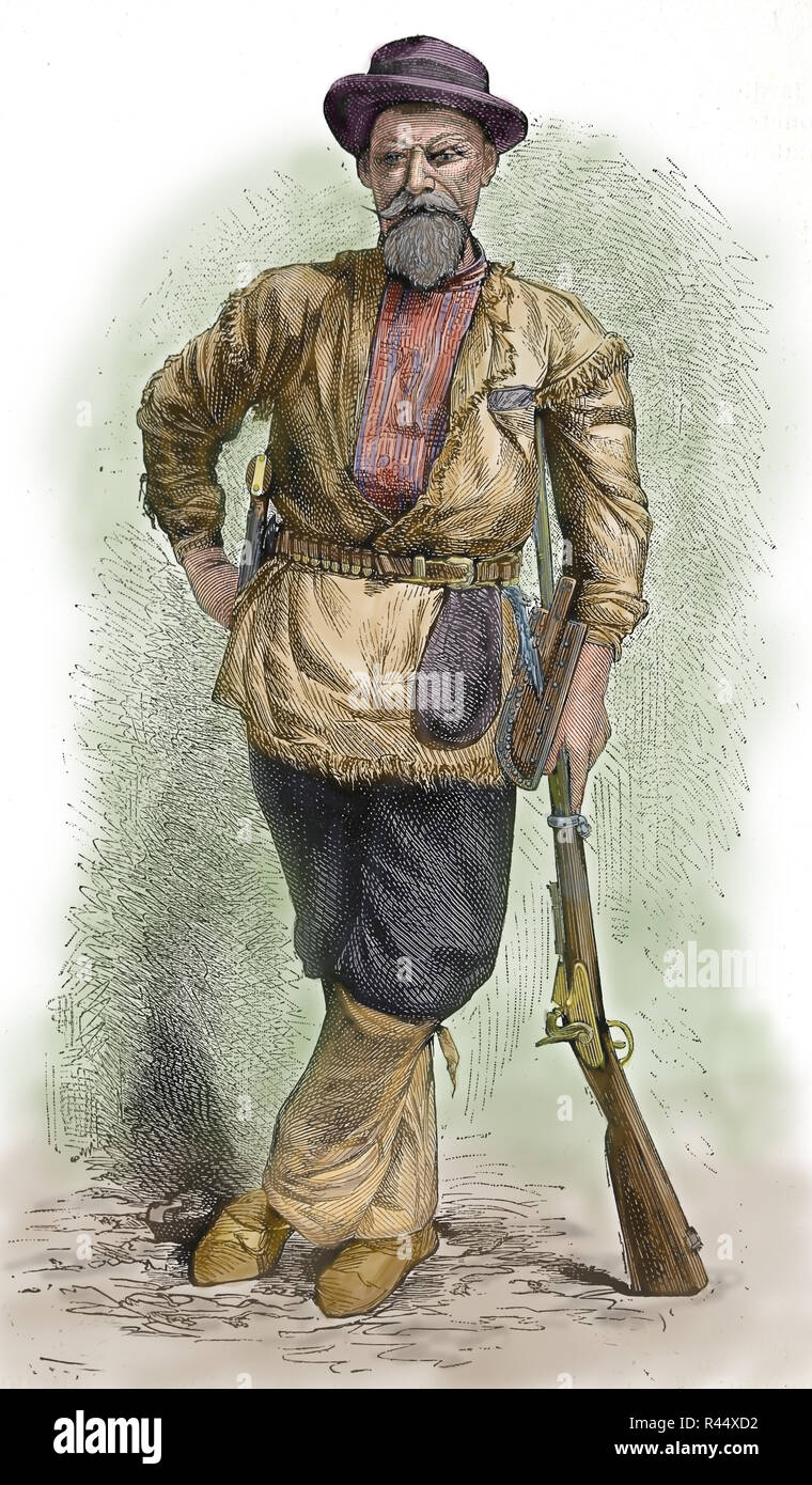 William Thomas Hamilton (1822-1908) (Uncle-Billy).  American frontiersman, scout and trapper. Engraving. Later colouration. Stock Photo
