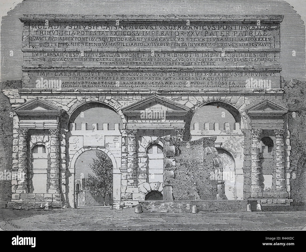 Porta Maggiore or Prenestina. Aqueduct built in 52 AD and later incorporate to the Aurelian Walls of Rome. White travertine. Stock Photo