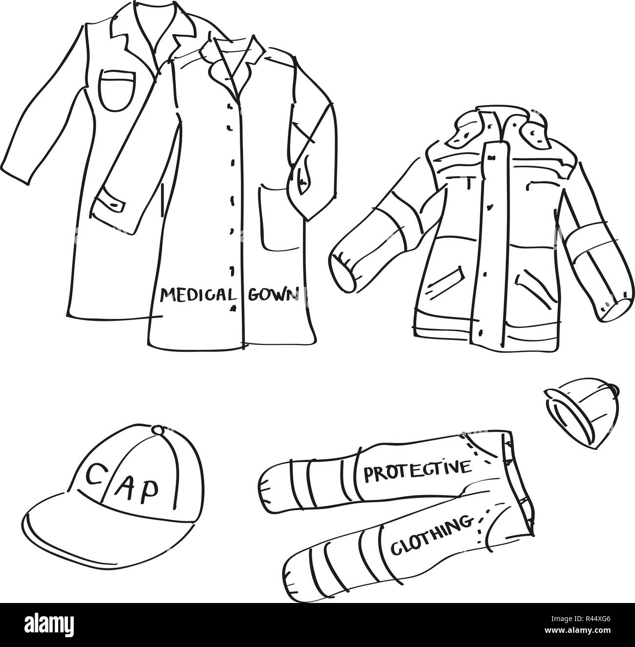 Set of hand drawn workwear doodles isolated on a white background. Stock Vector
