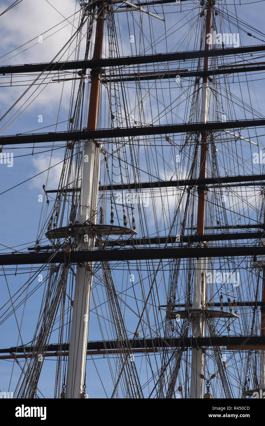 Ship's Masts and rigging Close up, The Cutty Sark  Clipper Ship, Greenwich ,London. UK Stock Photo