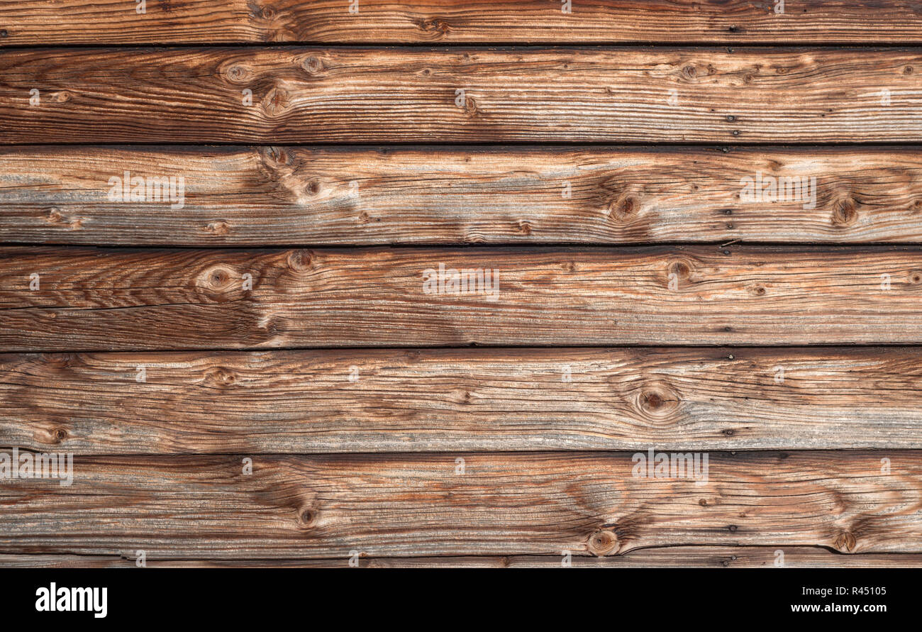 brown,horizontal,slightly weathered plank wall in close-up Stock Photo