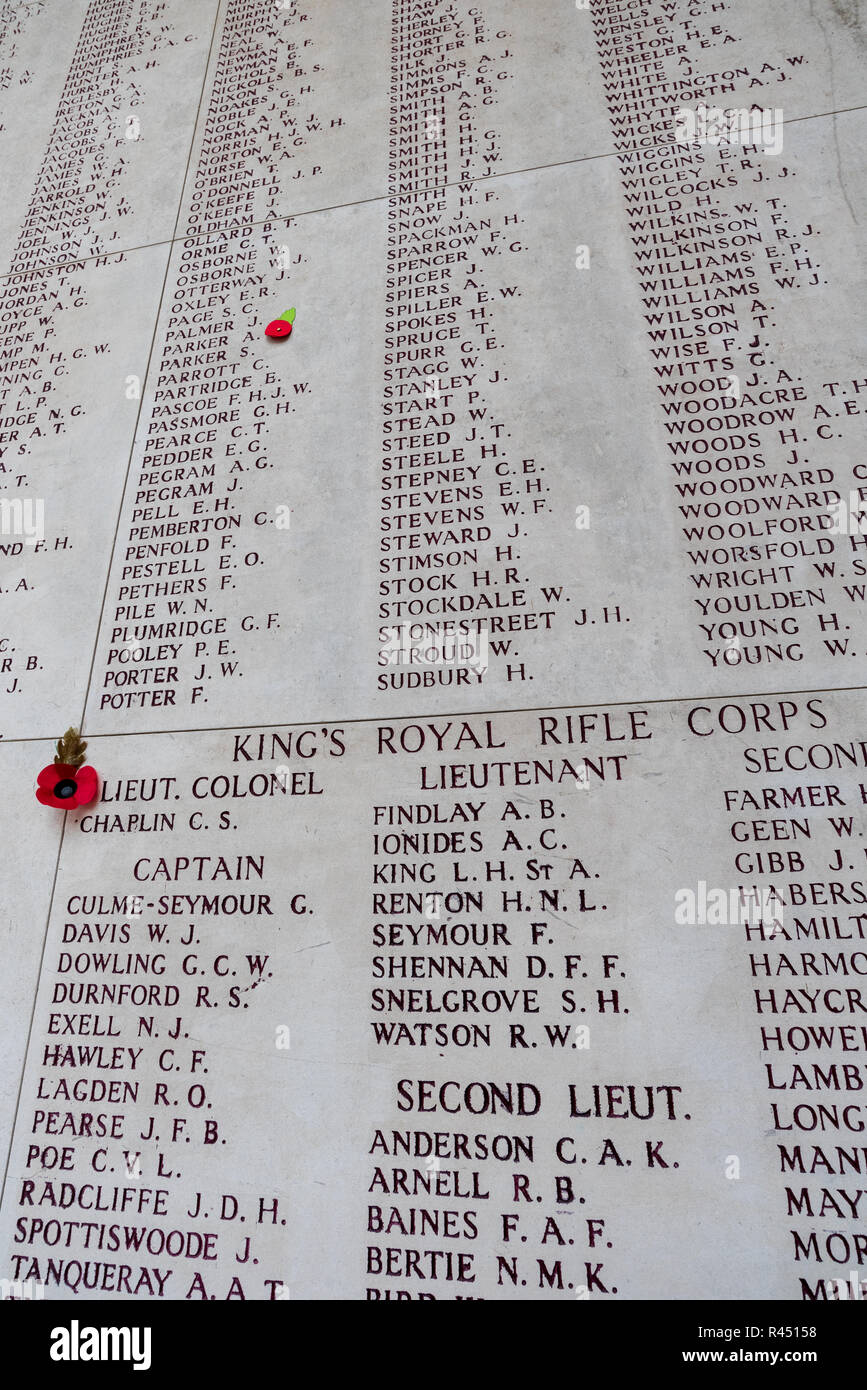 Names Of Missing Soldiers Inscribed On Menin Gate Ypres Stock Photo 