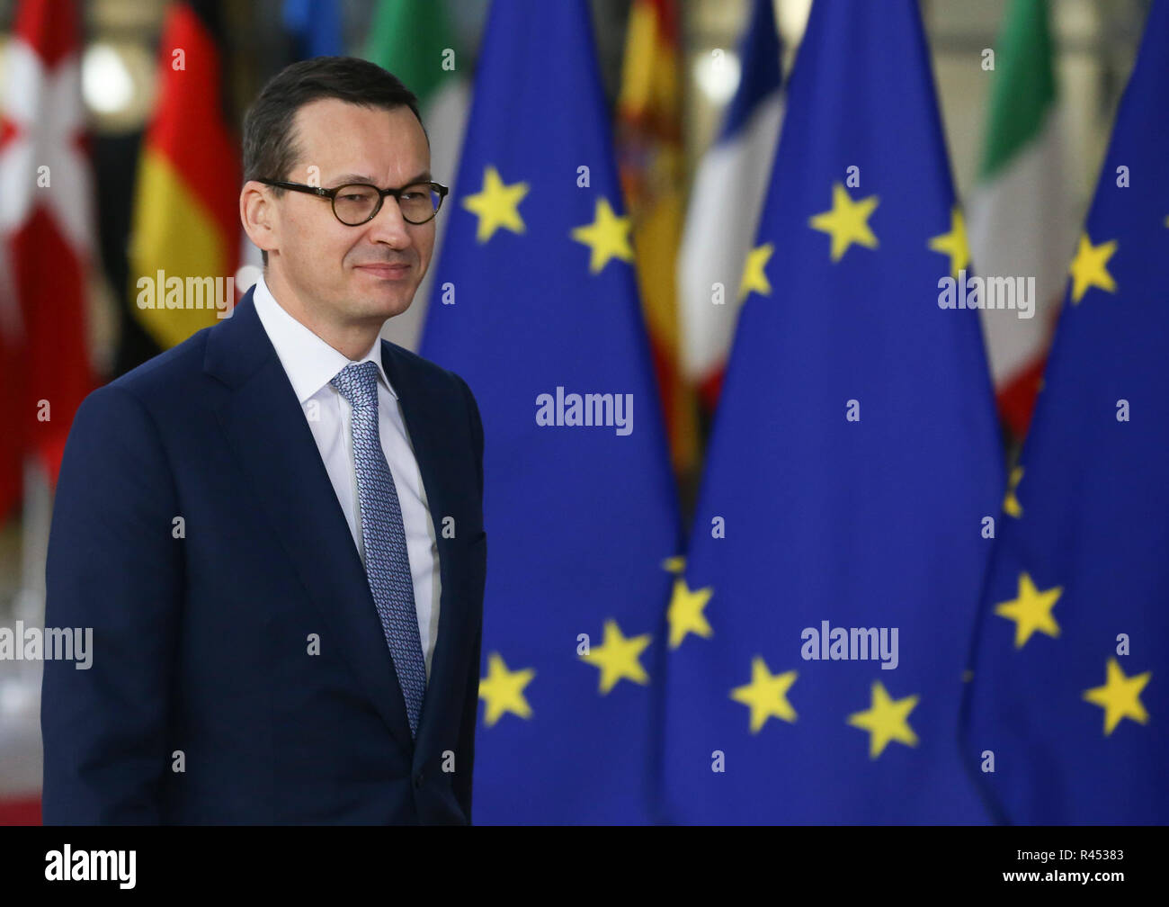 Brussels, Belgium. 25th Nov, 2018. Polish Prime Minister Mateusz Morawiecki arrives at a special Brexit summit in Brussels, Belgium, Nov. 25, 2018. Credit: Ye Pingfan/Xinhua/Alamy Live News Stock Photo