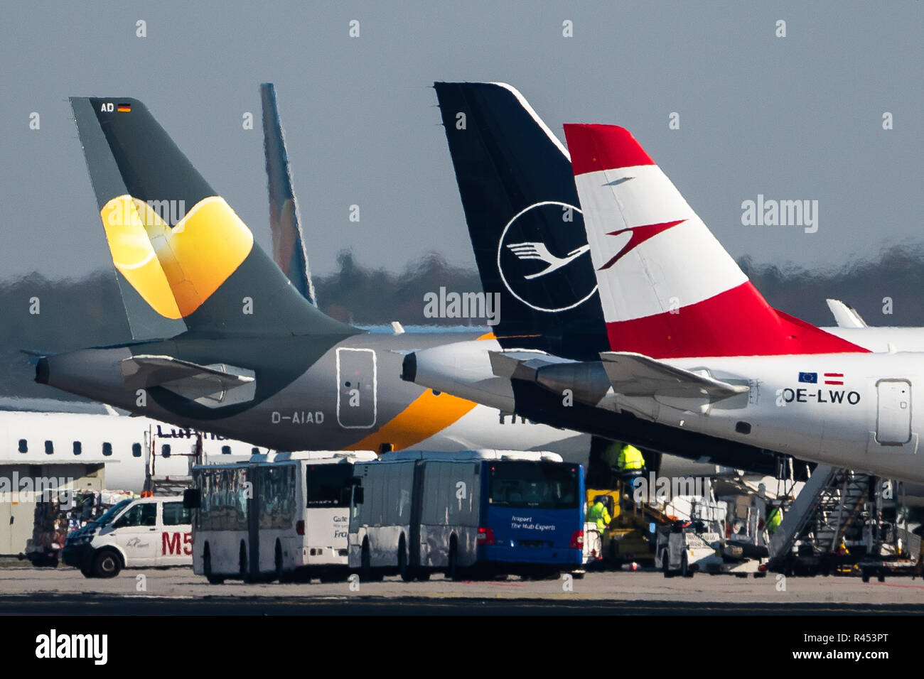 17 November 2018, Hessen, Frankfurt/Main: The logos of Thomas Cook (l-r), Lufthansa and Austrian Airlines can be seen on passenger aircraft at the airport. Photo: Silas Stein/dpa Stock Photo