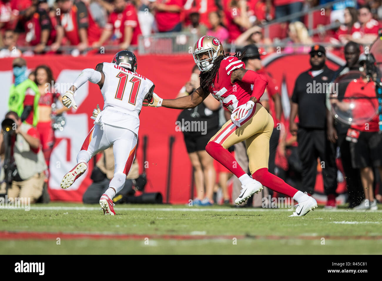 Tampa Bay Buccaneers cornerback Richard Sherman (5) defends during the  first half of an NFL football game against the New England Patriots,  Sunday, Oct. 3, 2021, in Foxborough, Mass. (AP Photo/Stew Milne