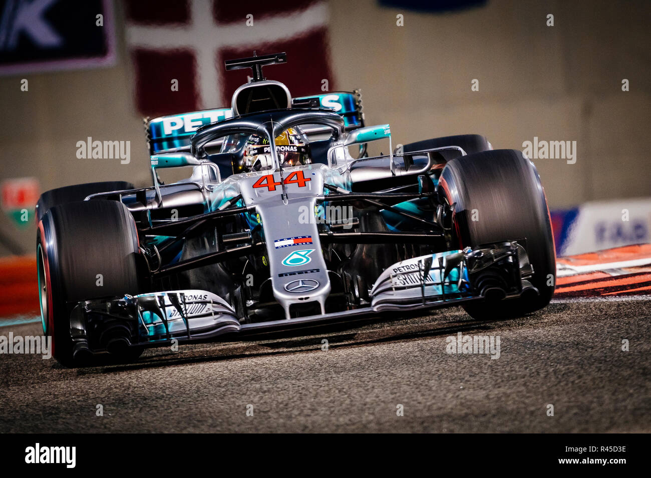 Abu Dhabi UAE. 25th Nov 2018. Mercedes AMG Petronas F1 Team s British driver Lewis Hamilton competes during the Formula 1 Abu Dhabi Grand Prix race at the Yas Marina Circuit in Abu