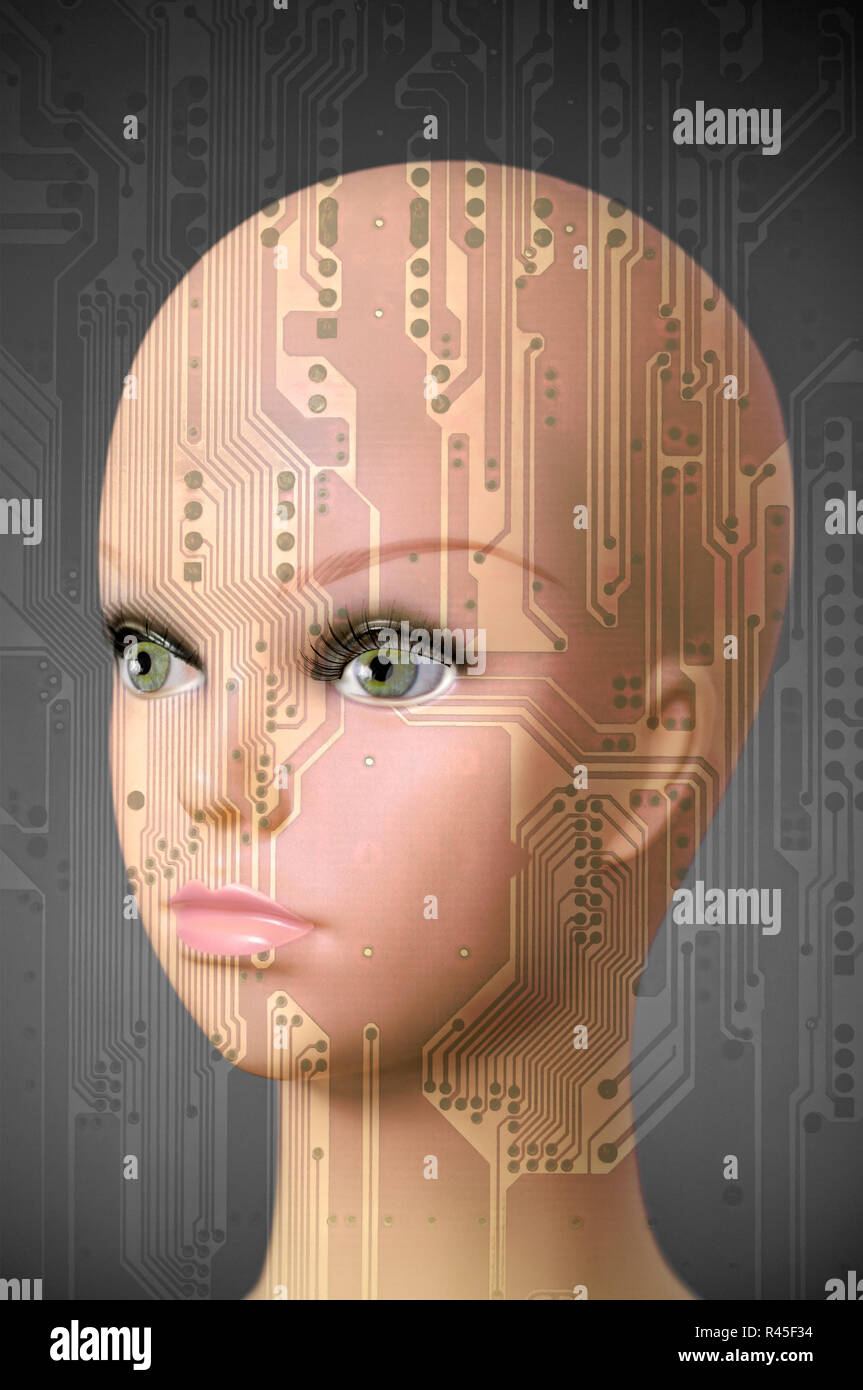 Female cyborg head on dark gray background Stock Photo