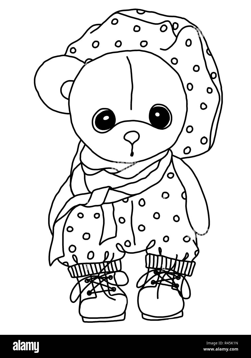 Coloration teddy bear. Black and white coloring. Teddy Bear. A toy. Drawn by hand. Black outline. Sad plush soft bear. Ink Stock Photo