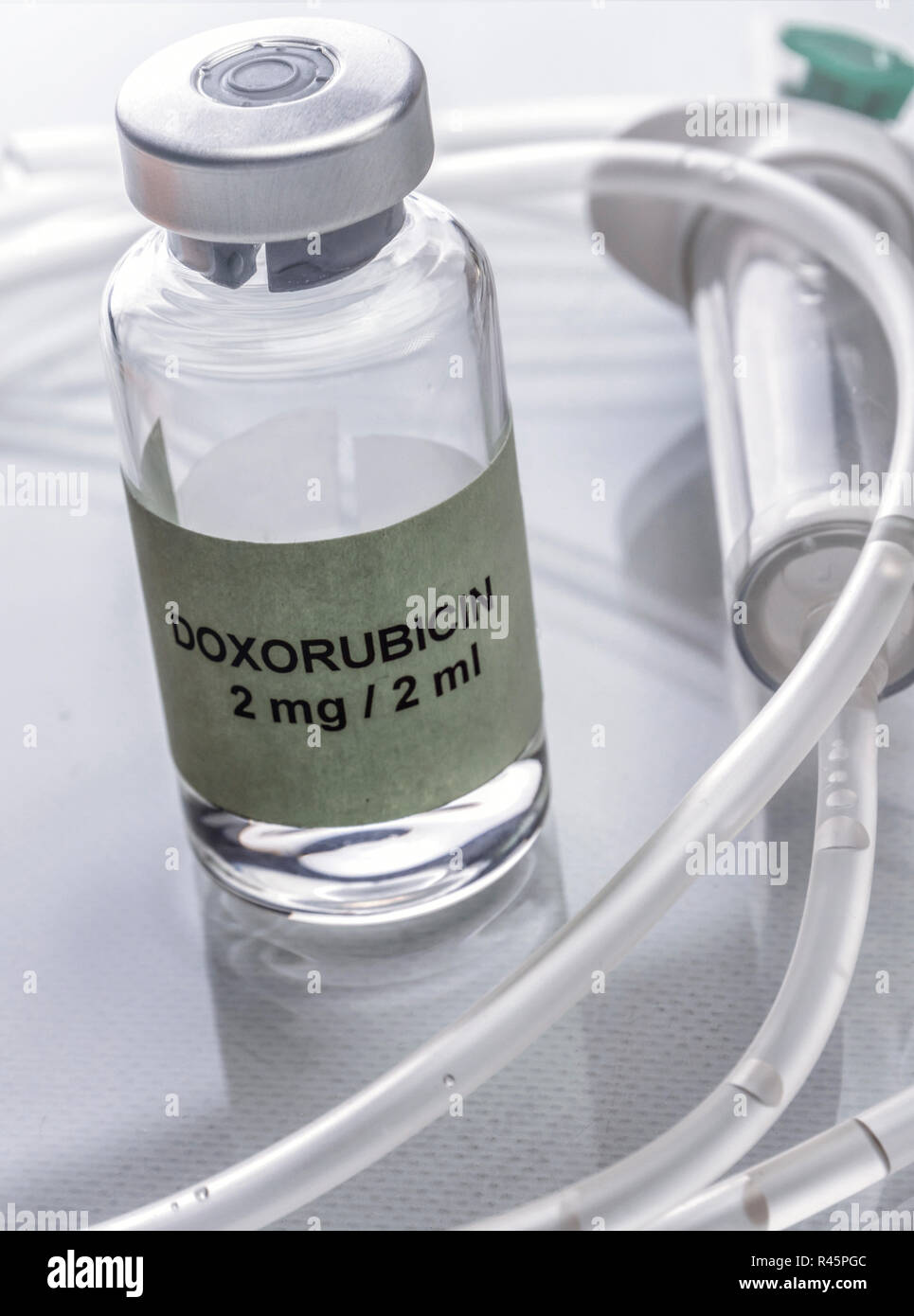 Doxorubicin Vial is a drug widely used in medical cancer chemotherapy on a tray in a laboratory, conceptual image Stock Photo