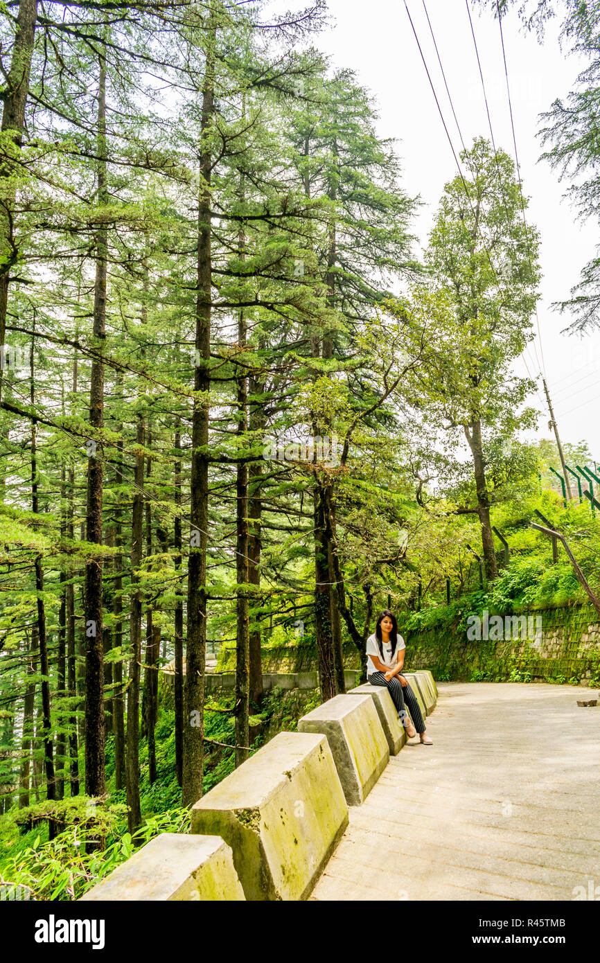 A lady by the side of the mountain road, Landour Stock Photo