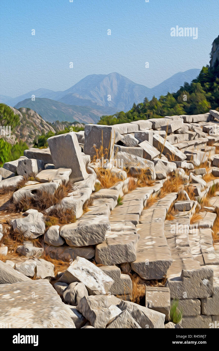 the old  temple and theatre in termessos antalya turkey asia sky and ruins Stock Photo