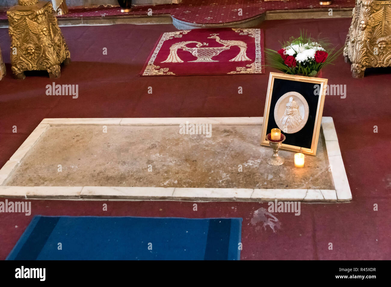 Tomb of Vlad the Impaler inside the Snagov Monastery near Bucharest in Romania Stock Photo