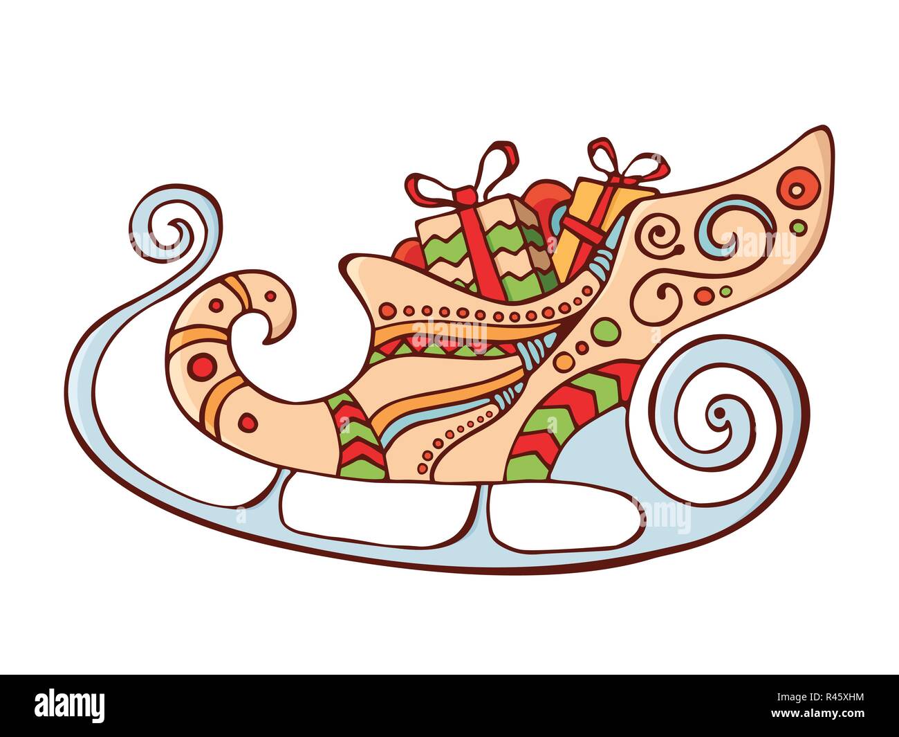 Santa's sleigh with gift boxes, presents. Christmas traditional festive symbol. Isolated on white background. Vintage, doodle style. Vector color. Stock Vector