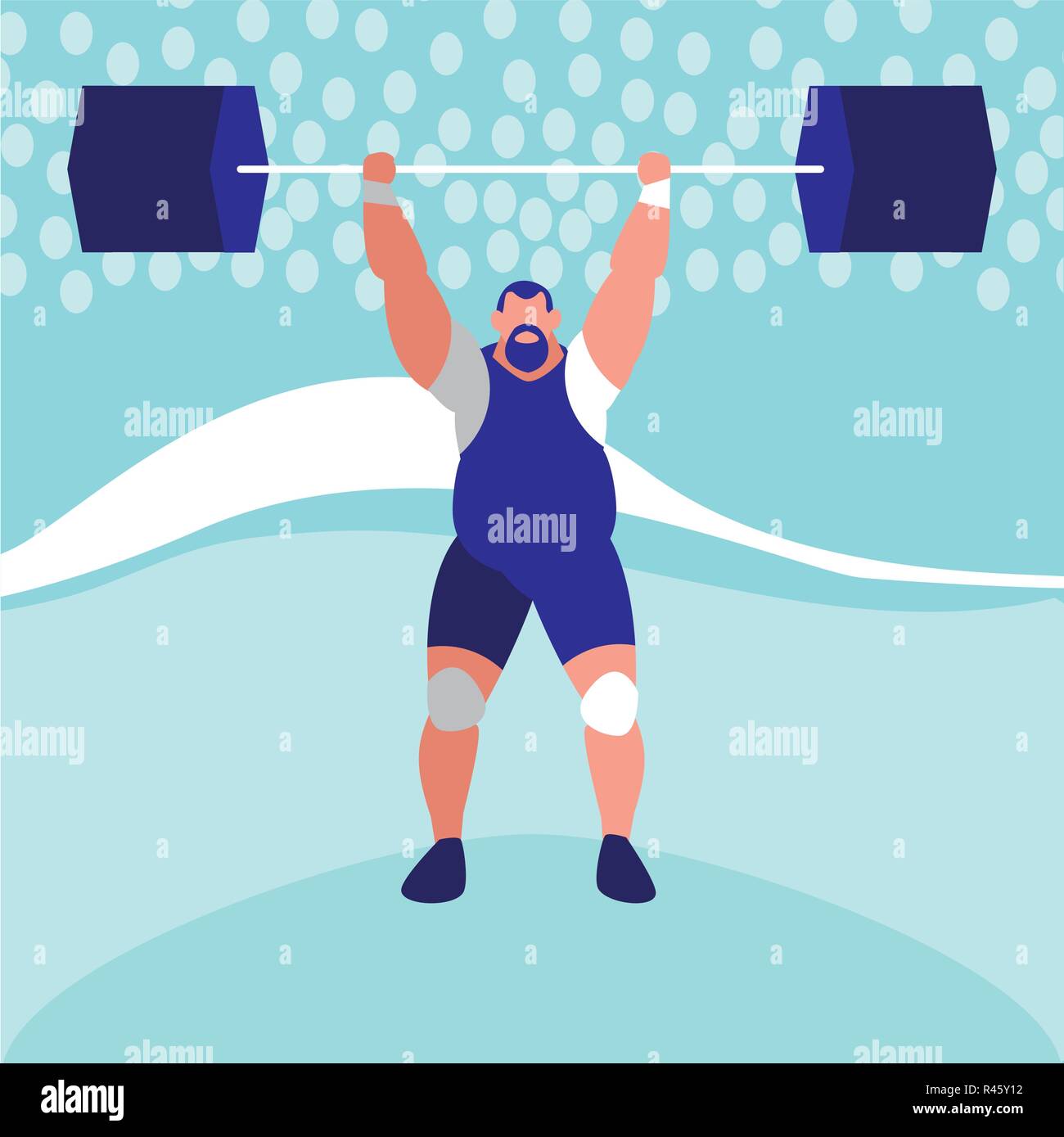 cartoon weightlifter with weights over blue background, vector
