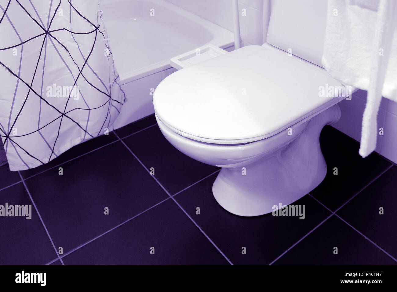 Large white and ceramic toilet seat fixture. Shower, curtain. White