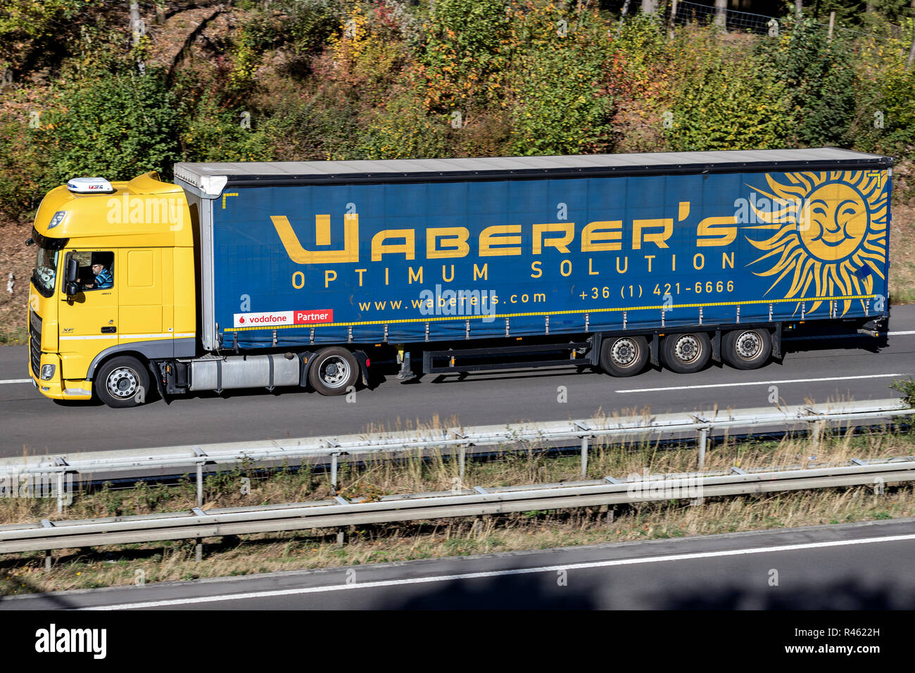 Waberer’s truck on motorway. With a fleet of over 4,300 trucks and around 7,600 employees, Waberer’s serves customers across 28 countries in Europe. Stock Photo