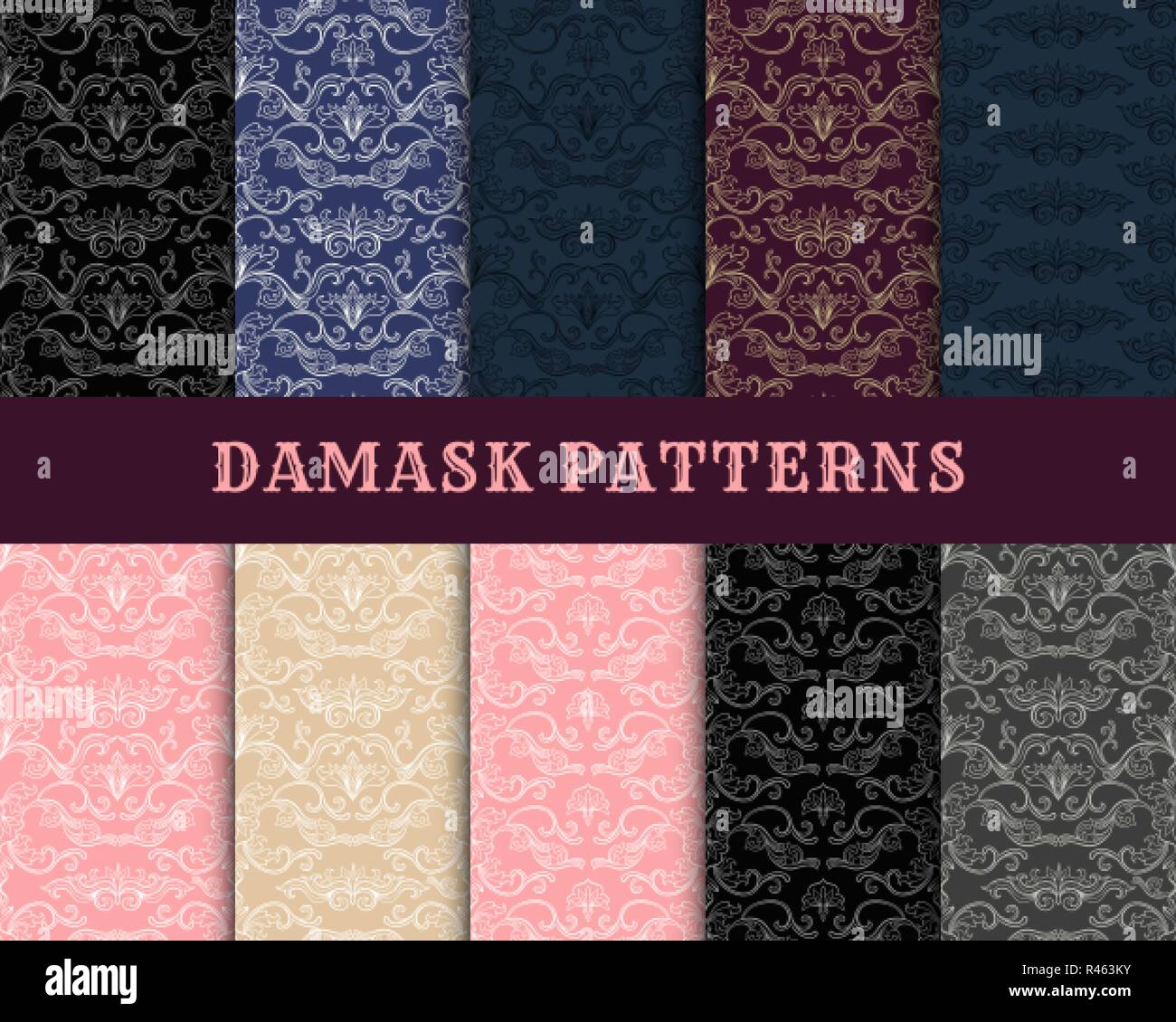 Damask Vector Seamless Pattern Collection Vintage Style Wallpaper Carpet Or Wrapping Paper Design Italian Medieval Floral Flourishes Pink Greek Flowers For Textures Baroque Leaves Stock Vector Image Art Alamy