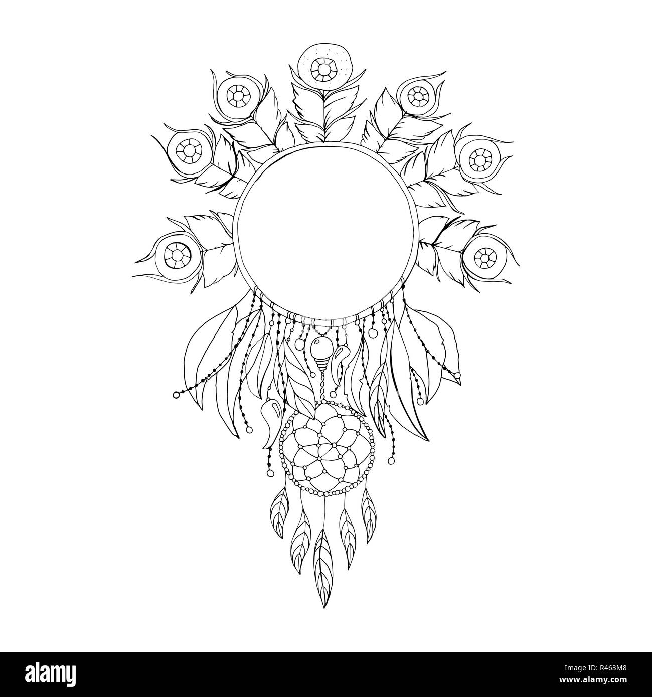 Black and White Dreamcatcher Isolated Vector Symbol. Fashion Illustration for Antistress Coloring Book or Page Design Stock Vector
