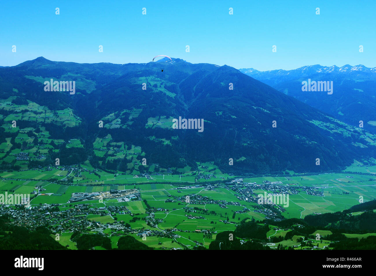 Austria: Paragliding above Hochfügen in Zillertal, Tirol Stock Photo