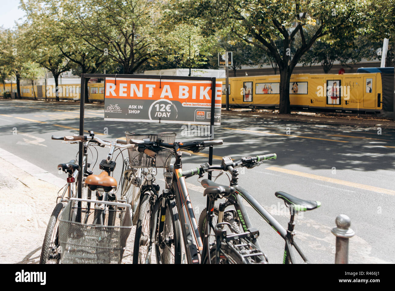 Germany, Berlin, September 3, 2018 Bicycle rental on Berlin street. A