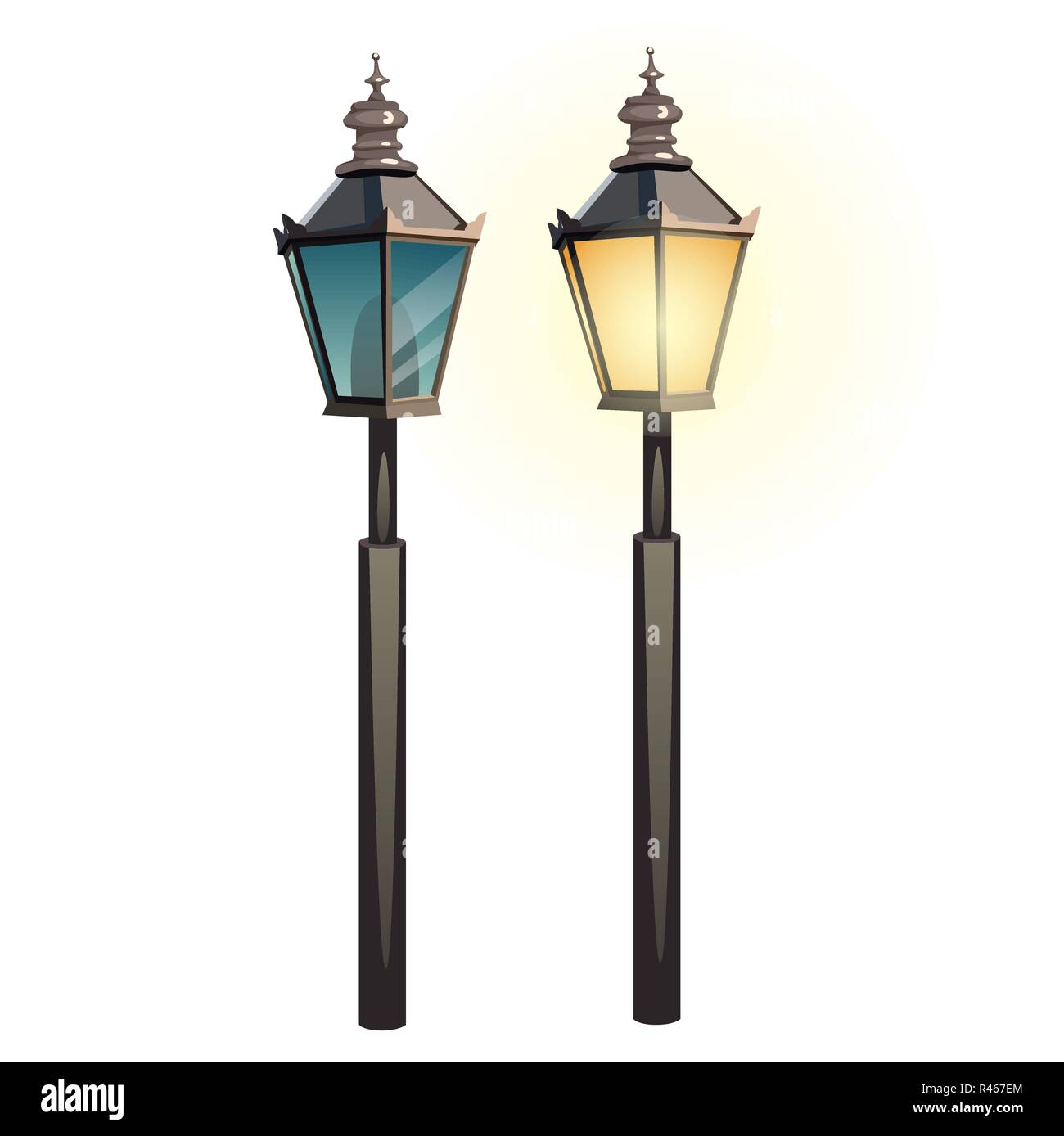 Set of vintage street lights isolated on white background. Vector cartoon close-up illustration. Stock Vector