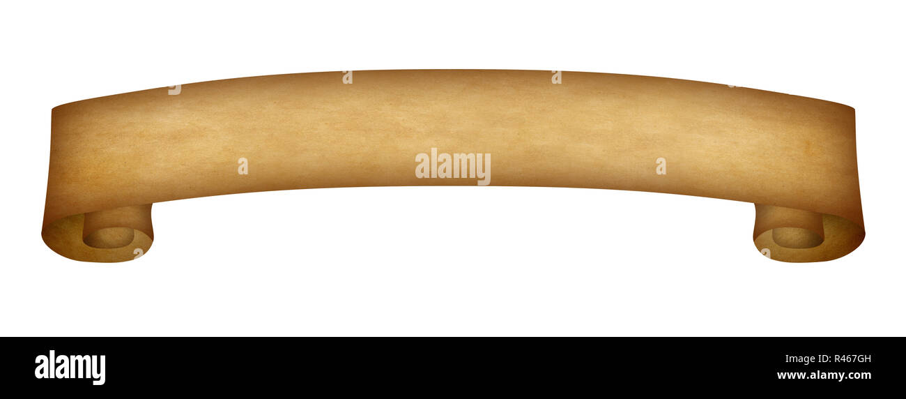 Aged yellowed paper scroll, ribbon or banner. Isolated on white ...