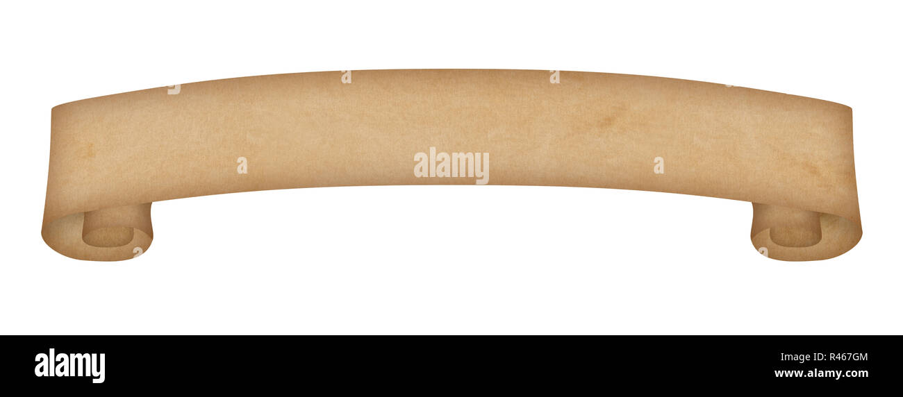 Aged yellowed paper scroll, ribbon or banner. Isolated on white ...