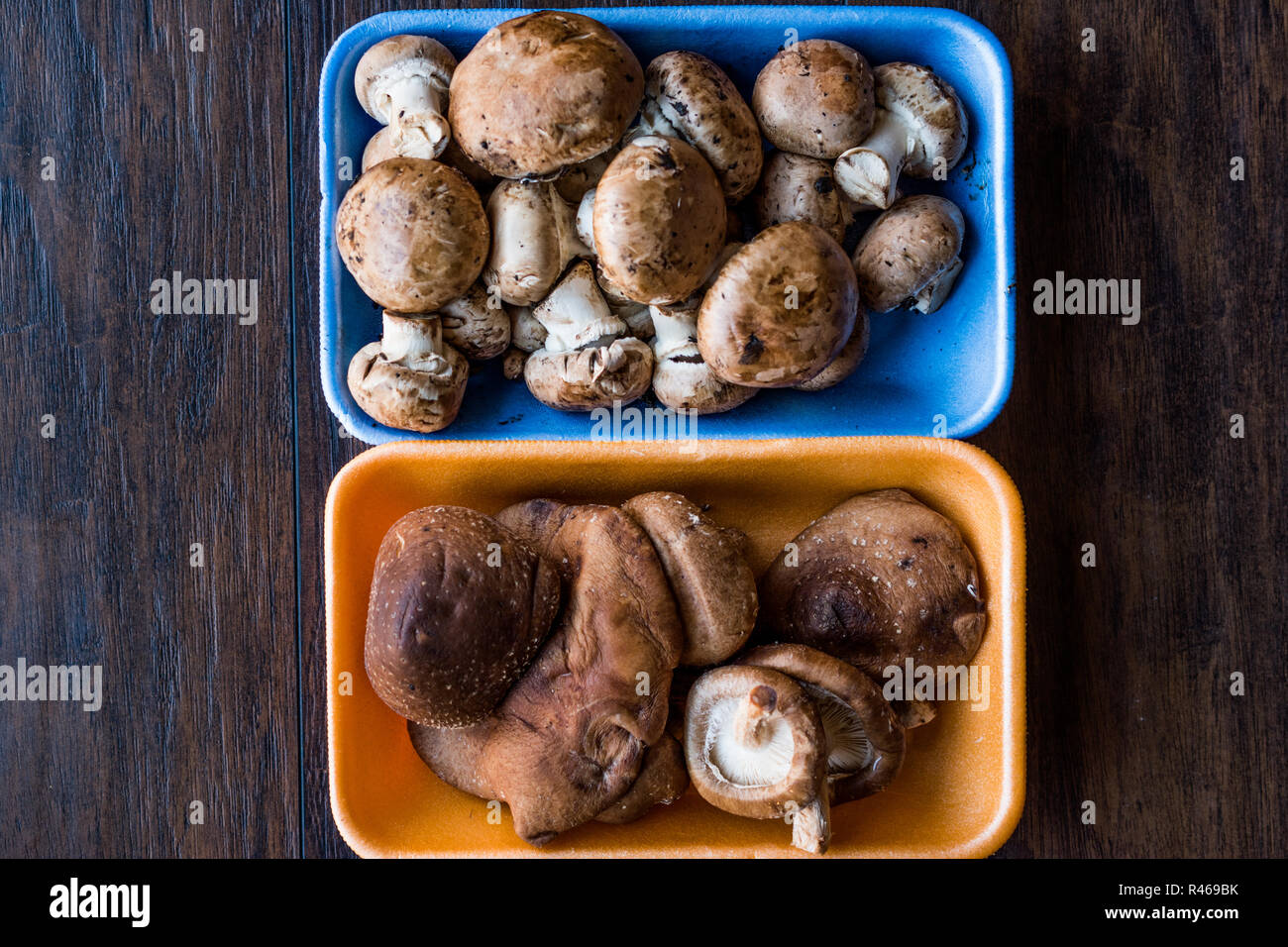 Shiitake and Cremini Mushrooms in Plastic Container Package or Box